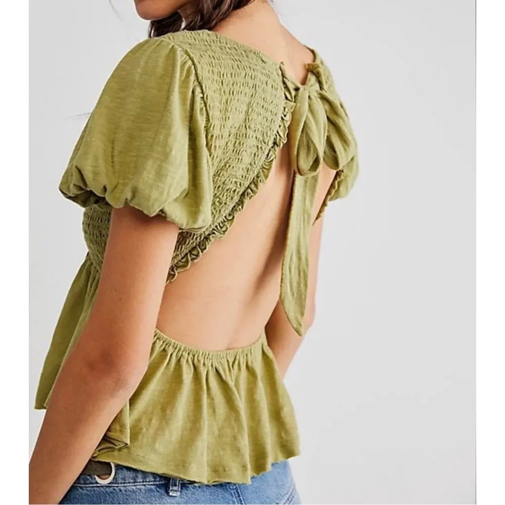 FREE PEOPLE Women’s Charolette Puff Sleeve Peplum Green Knit Top - Image 2
