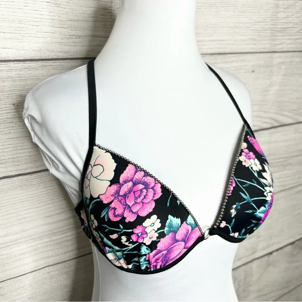 Shade & Shore Black & Pink Floral Studded Light Lift Bikini Top Size 34C - Image 9