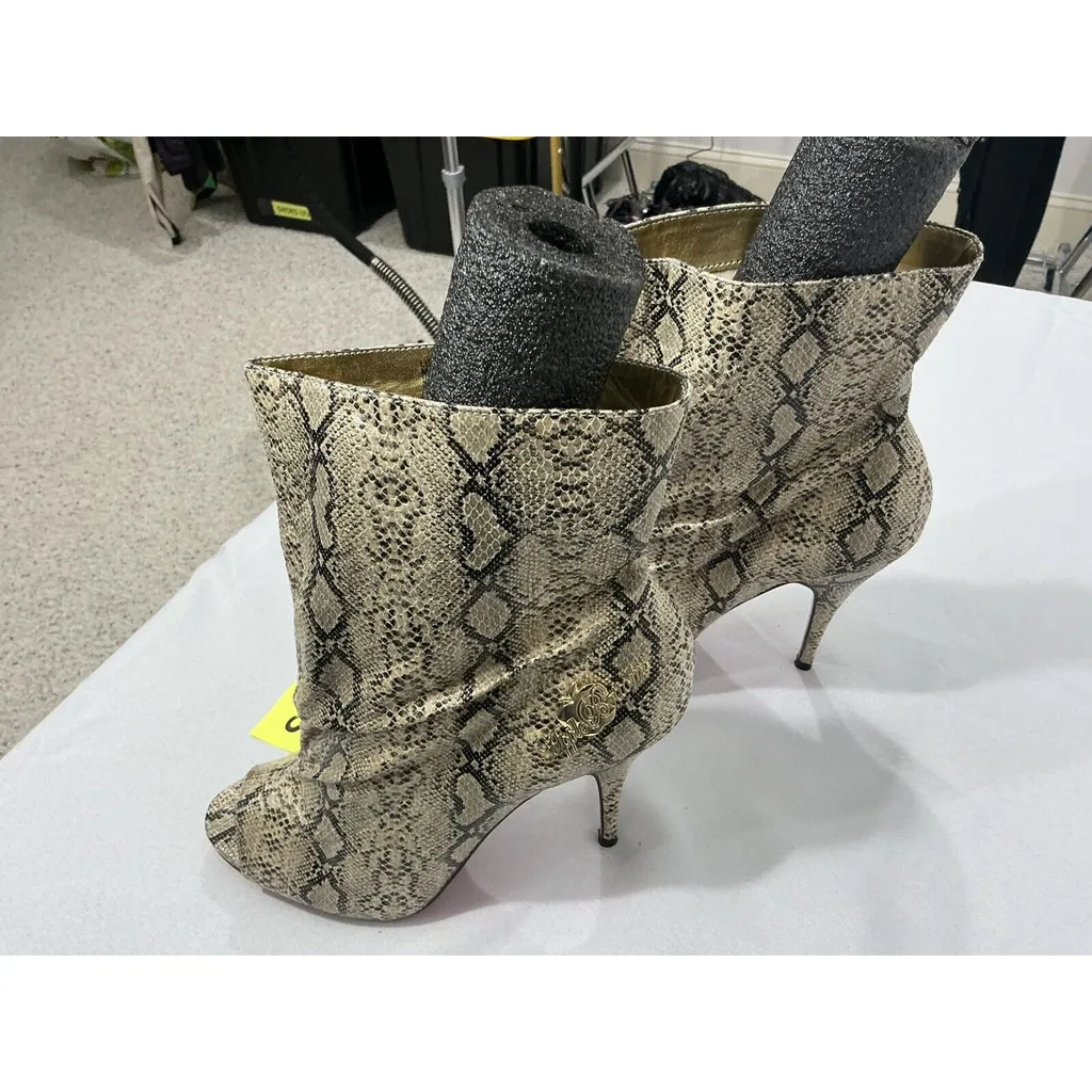 Womans Apple Bottoms Lizette 8.5 Beige Snake Print Peep Toe Pull On Heel Booties - Image 3