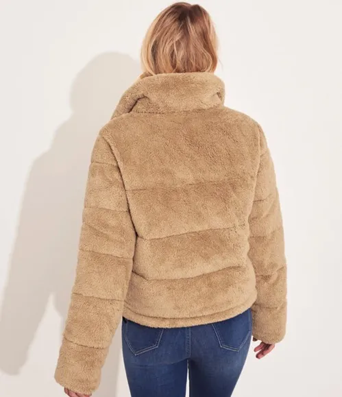 Fuzzy Puffer Jacket Tan Size M - Image 3