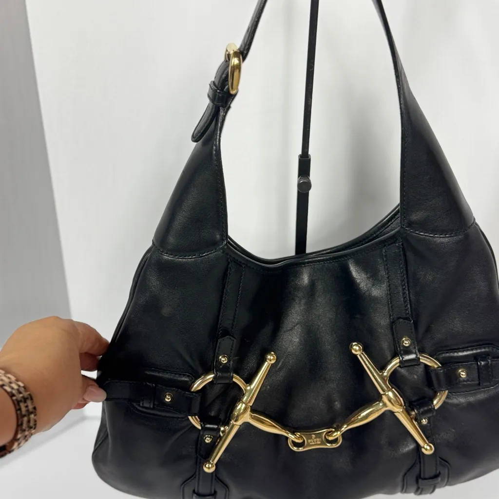 GUCCI Vintage BLACK LEATHER 85TH ANNIVERSARY GG MONOGRAM HOBO BAG - Image 5