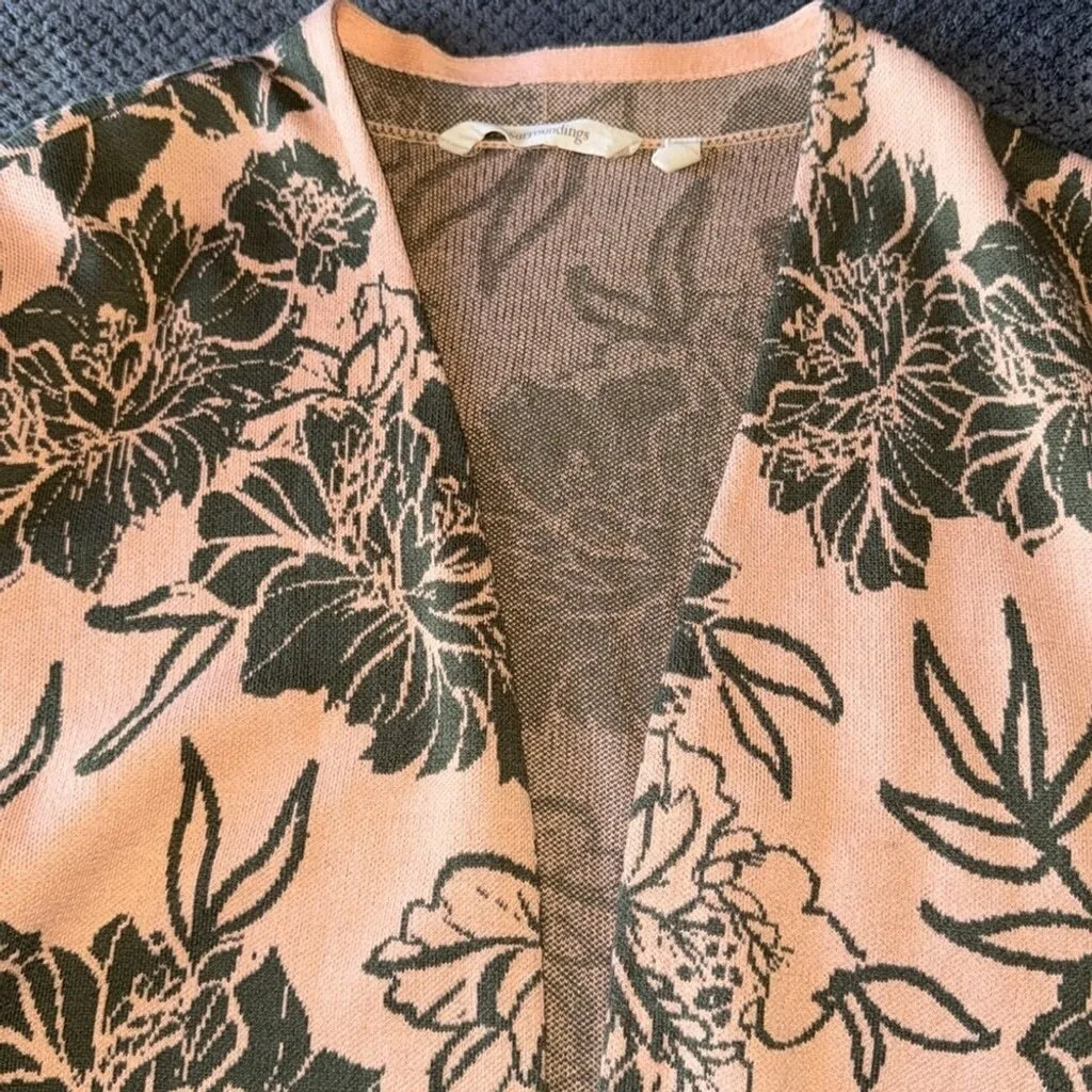 Soft Surroundings Floral Peach Green Open Front Long Sleeve Knit Cardigan Medium - Image 9