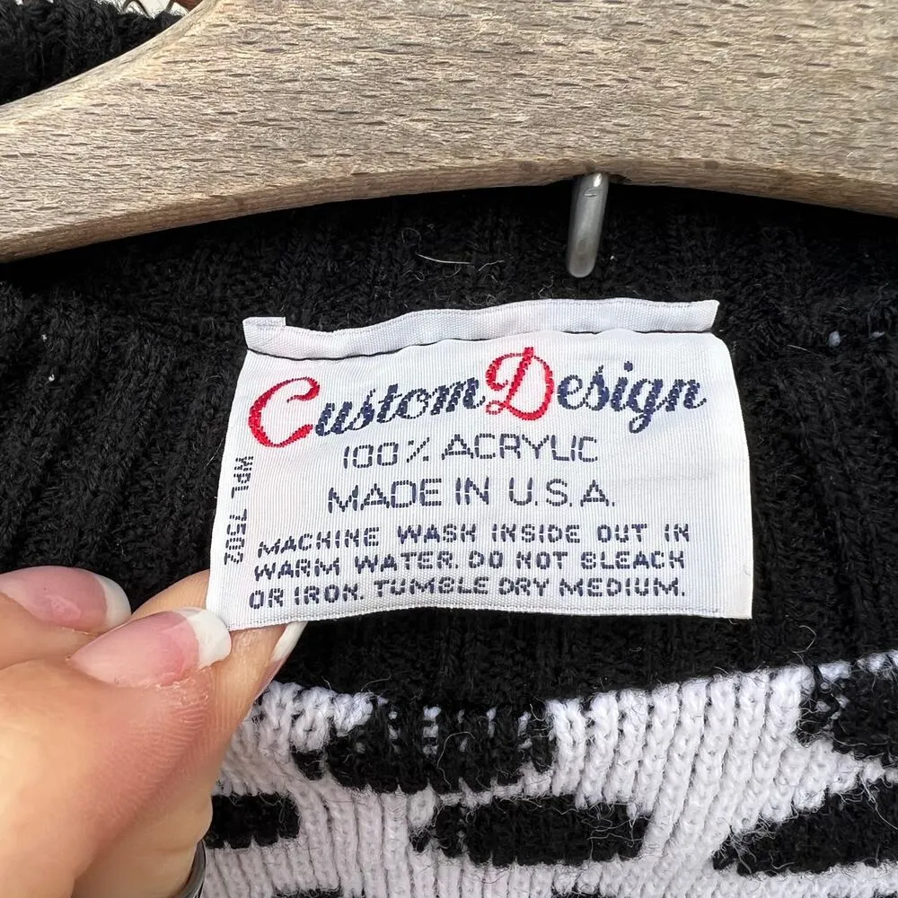 Vint. Cats Dogs Bears polka dot dalmatian metallic knit sweater black blue LARGE - Image 4