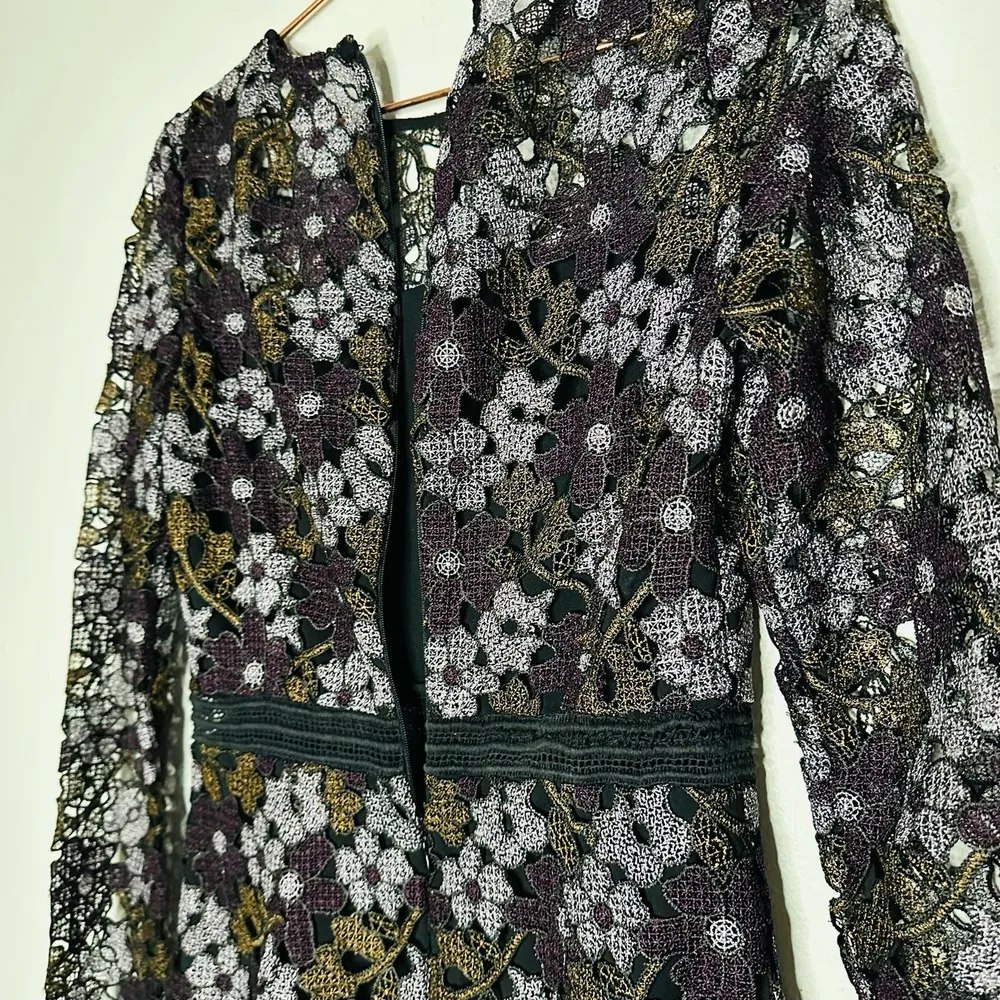 CYNTHIA ROWLEY Linden Purple Black Lace Floral Bell Sleeves Mini Dress Size 4 - Image 11