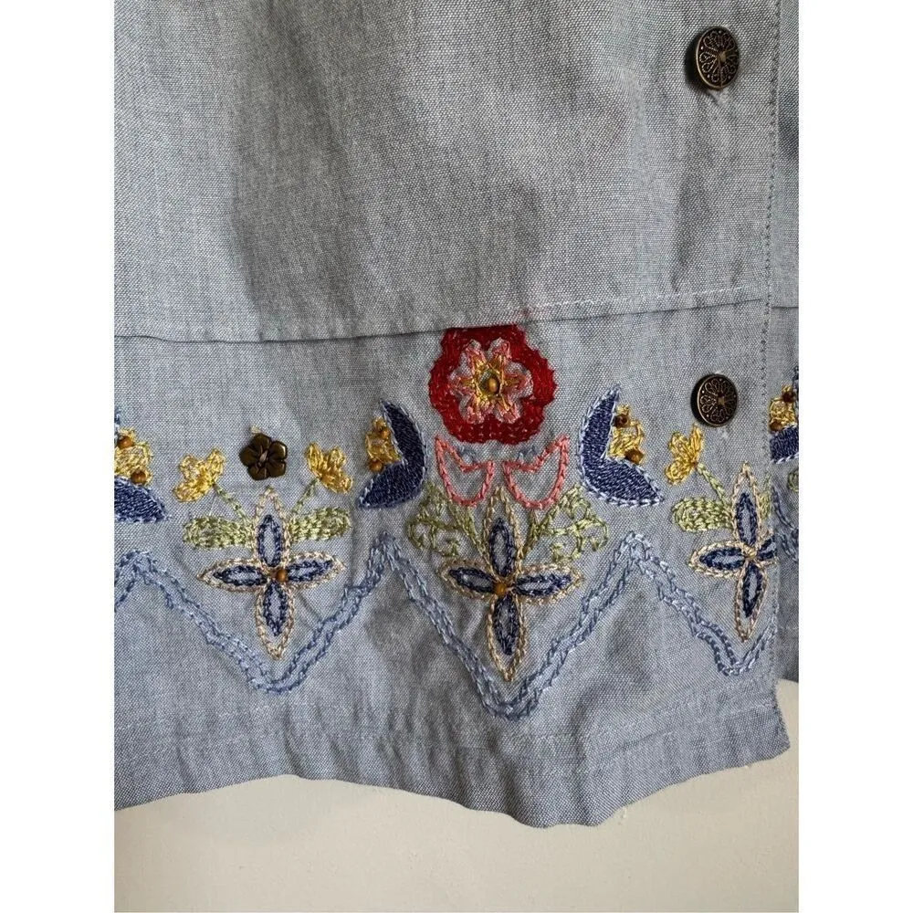 Vintage 90's Alfred Dunner Womens Floral Embroidered Button Shirt sz 16 Boho‎ Blue - Image 6