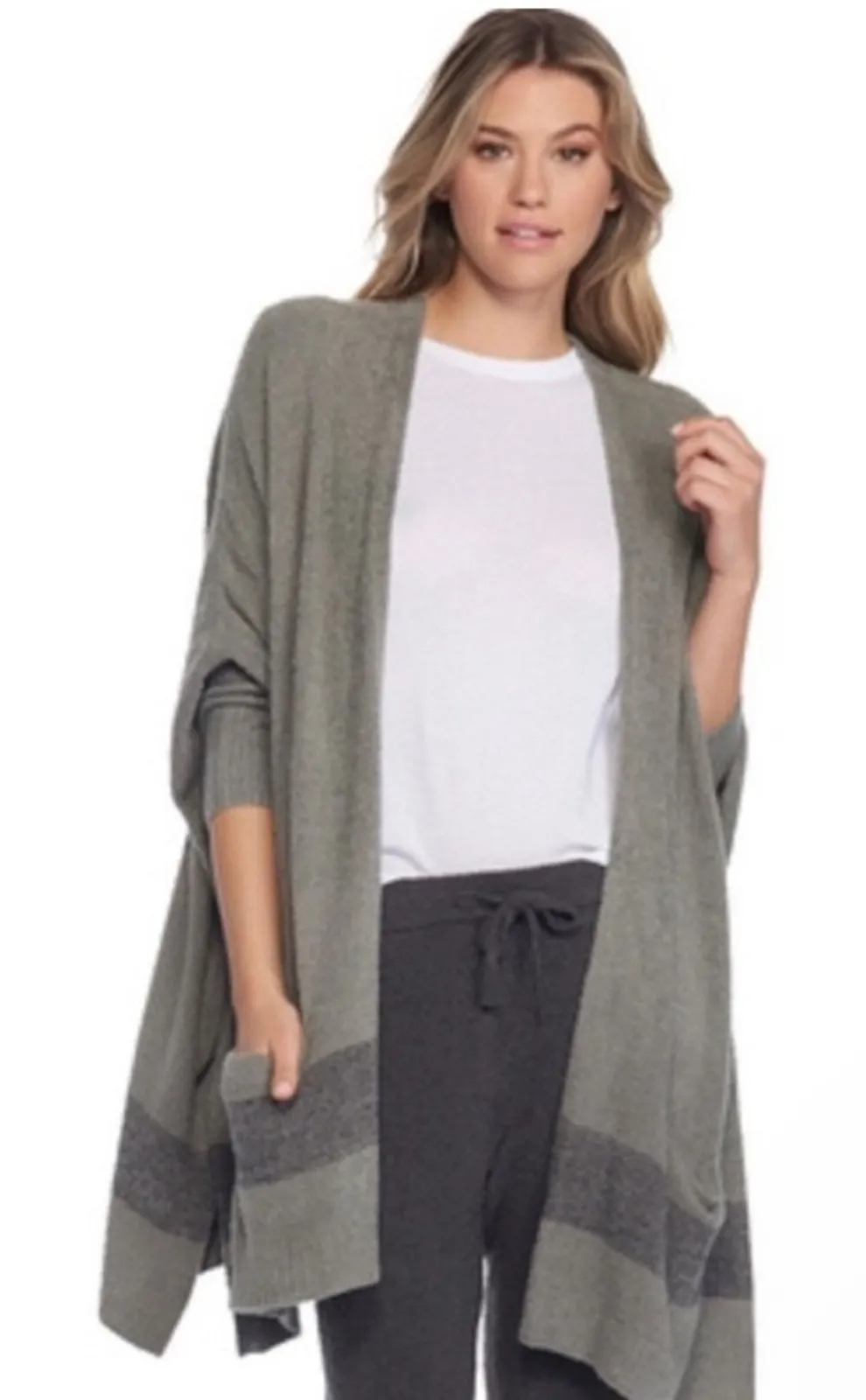 Barefoot Dreams CozyChic Lite Cliffside Gray Striped Cardigan Wrap One Size - Image 1