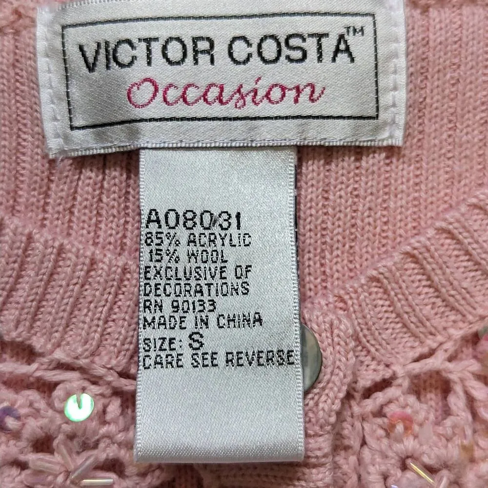 Vintage Victor Costa Pastel Pink Wool Cardigan Sweater Ribbed Knit Womens Small - Image 5