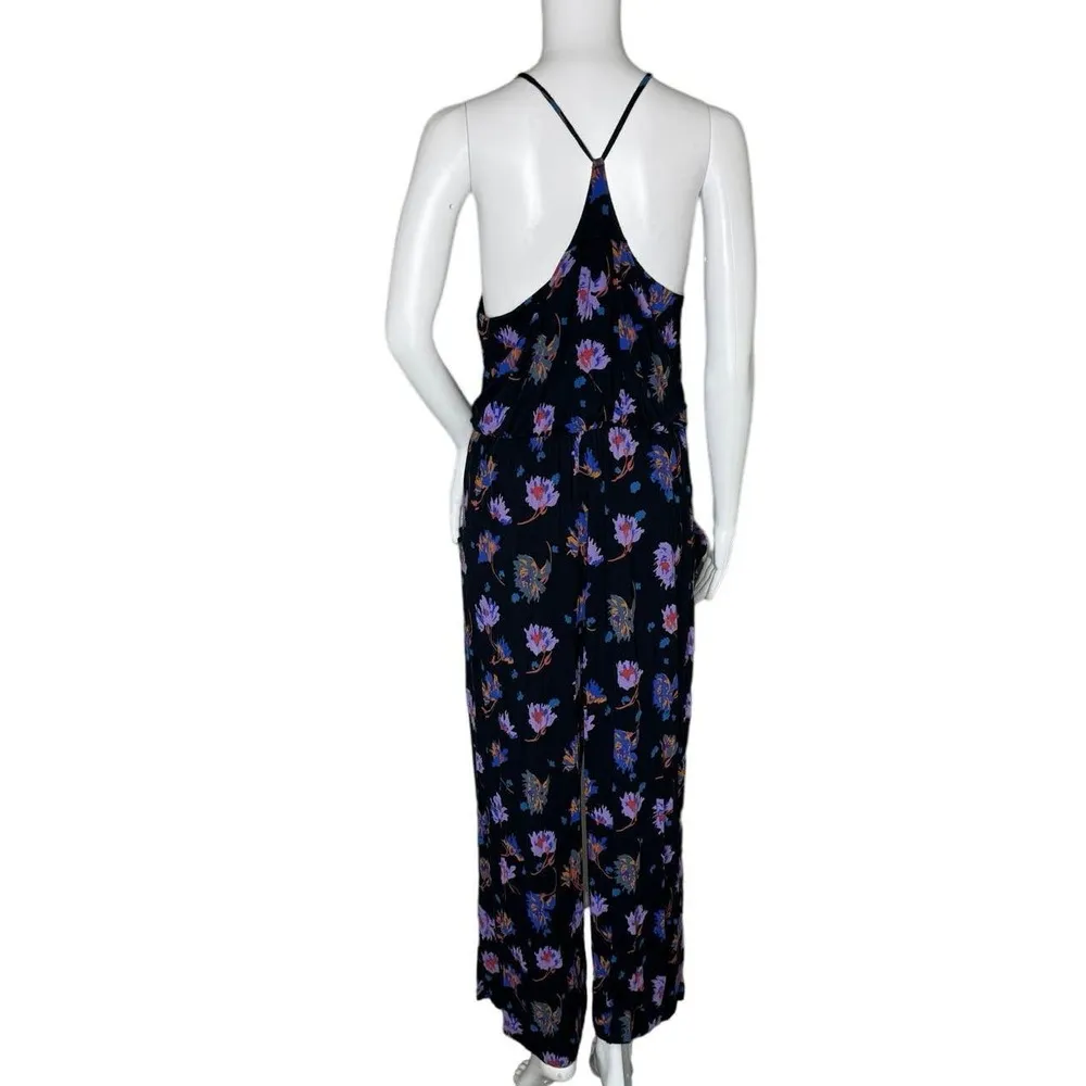 Anthropologie Moulinette Soeurs Jumpsuit Womens Large Black Purple Floral Casual - Image 4