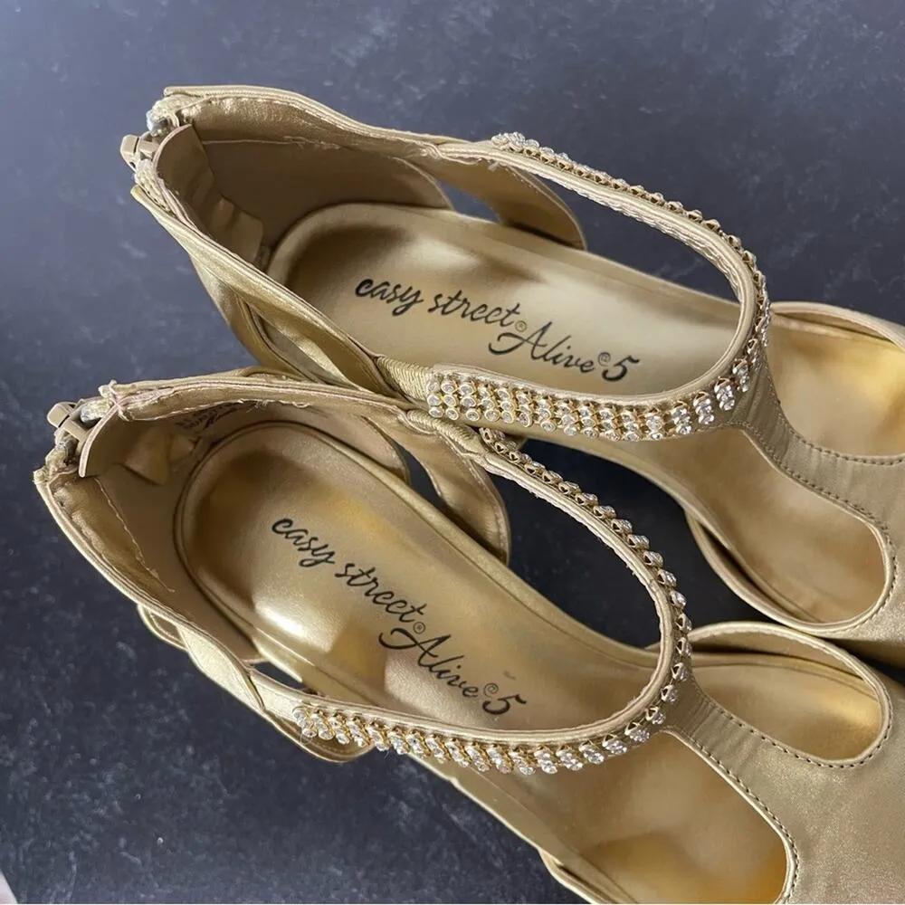 Easy Street Flash T-Strap Heeled Sandal Women’s Gold Sz 7N Narrow Fit - Image 10
