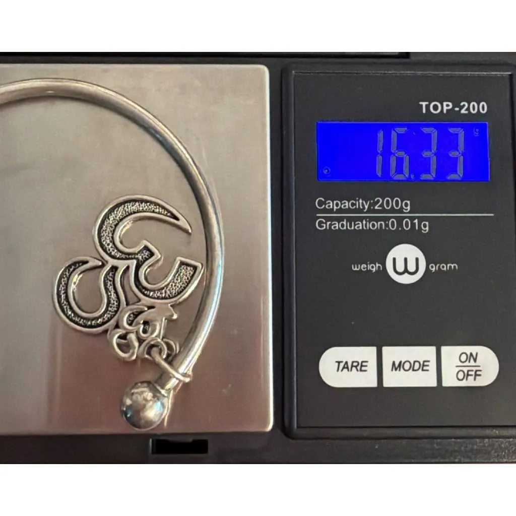 Om Symbol Charm Silver Tone Bangle Cuff Bracelet 6.5" Pendant 16.33g - Image 5