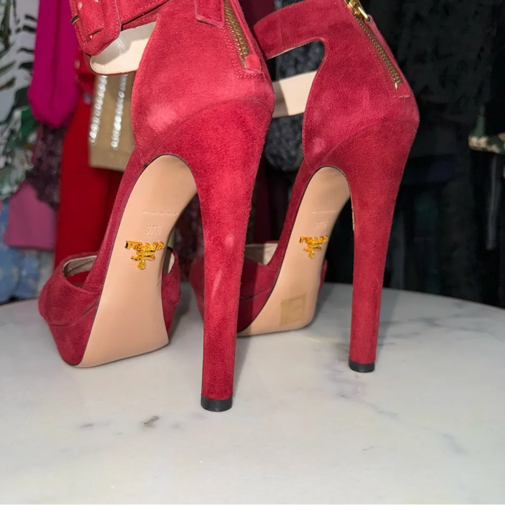 Prada Suede Peep Toe High Heel Sandals with Platform in Wine Red - Image 8
