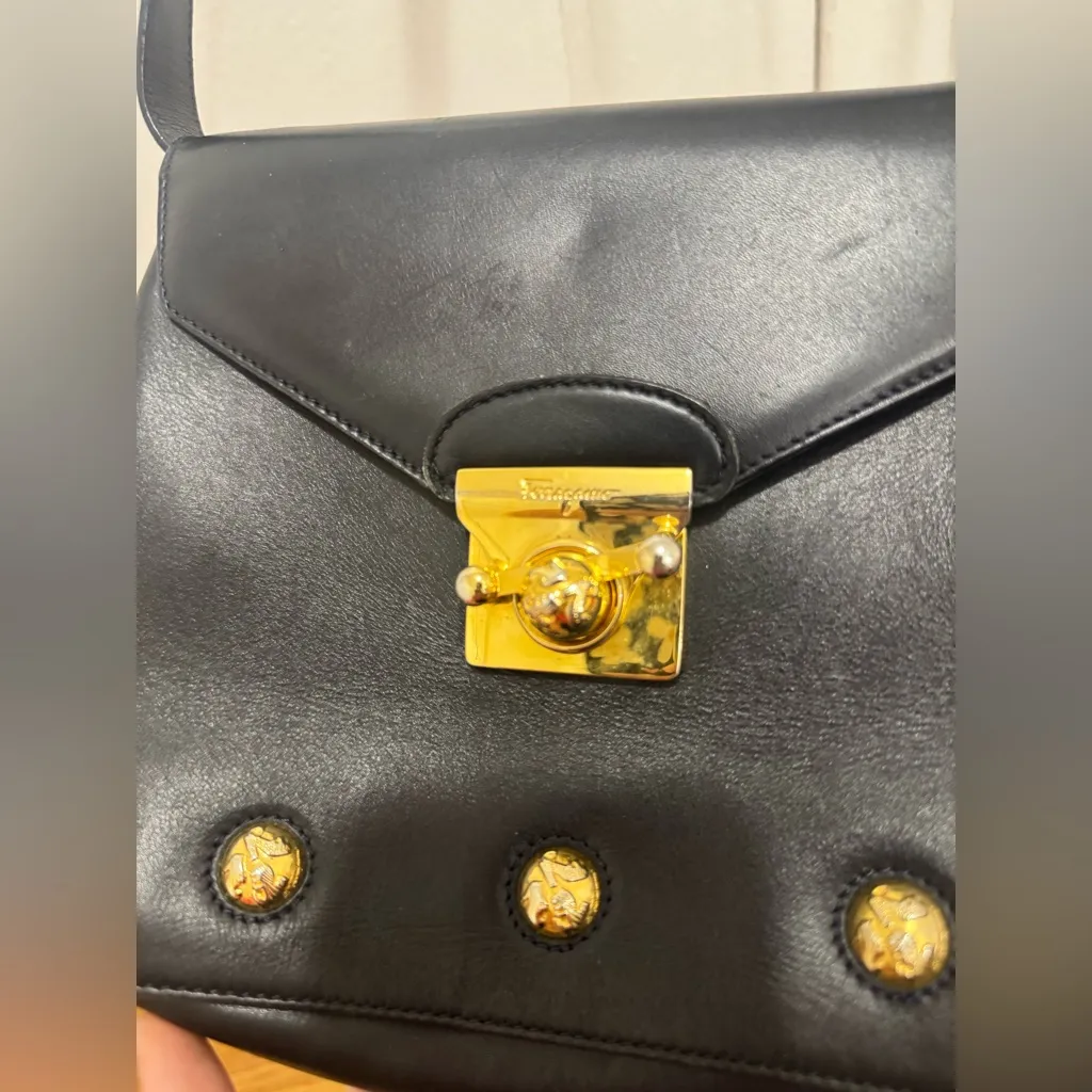Salvatore Ferragamo Shoulder Bag 5639 Black And Gold Stud Vintage Purse - Image 11