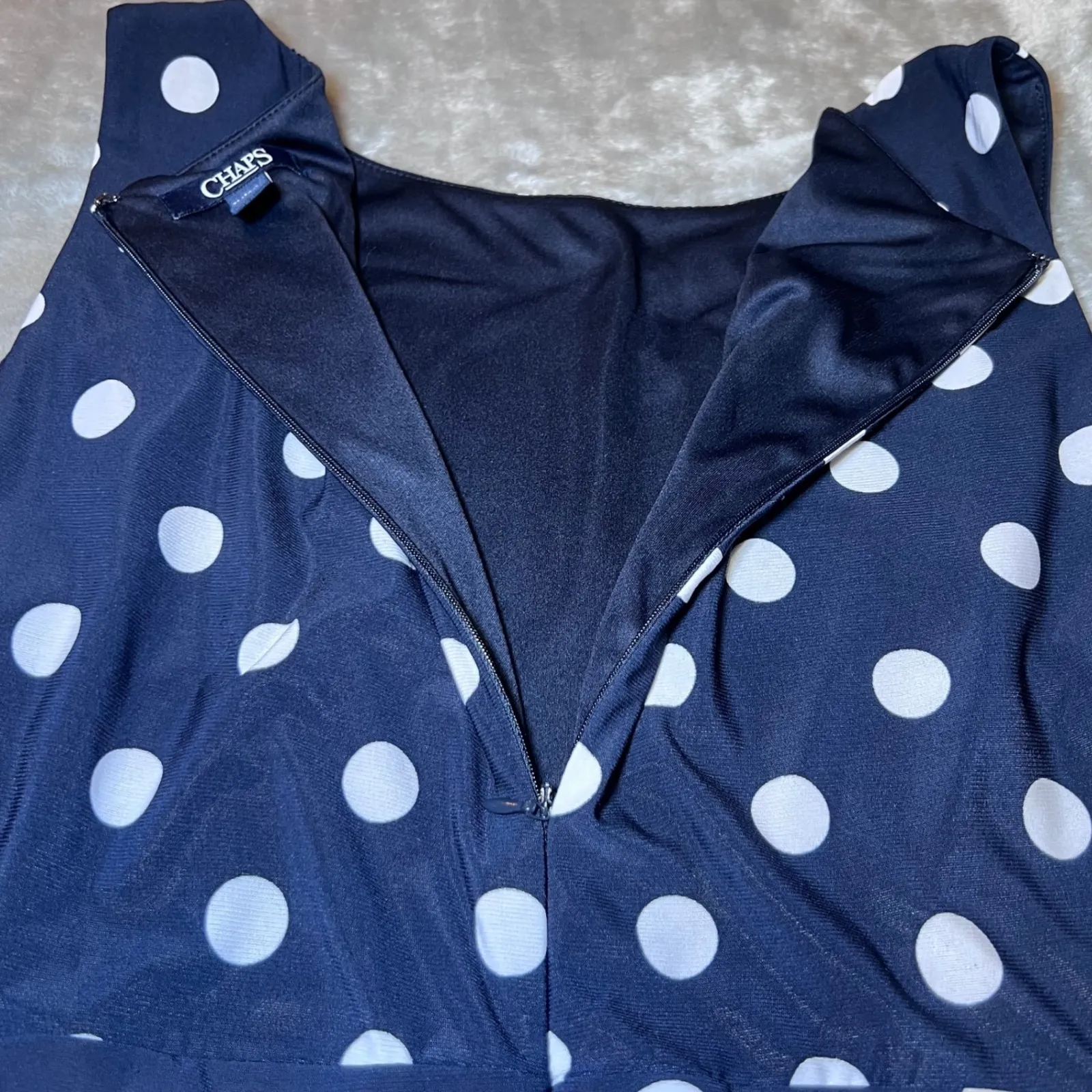 Chaps Dress Womens XL Navy Blue White Polka Dot Sleeveless Dress Midi Dressy - Image 5