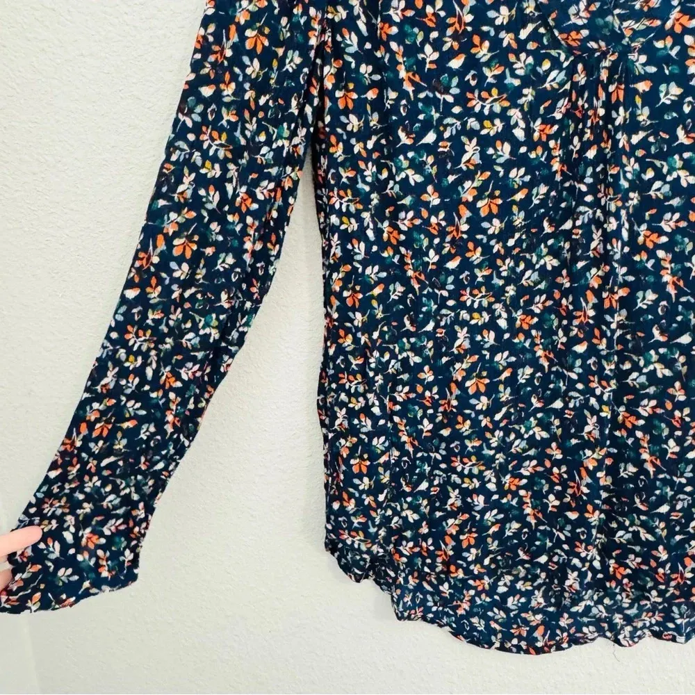 Hinge Navy Orange Leaf Printed Long Sleeve Top‎ Size Medium - Image 7