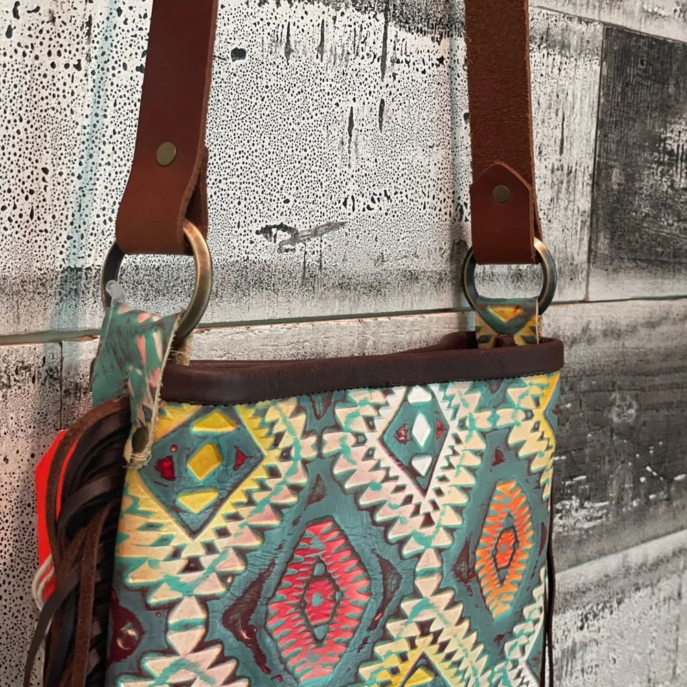 Aztec print with fringe crossbody purse with adj strap leather USA made Brown - Image 5