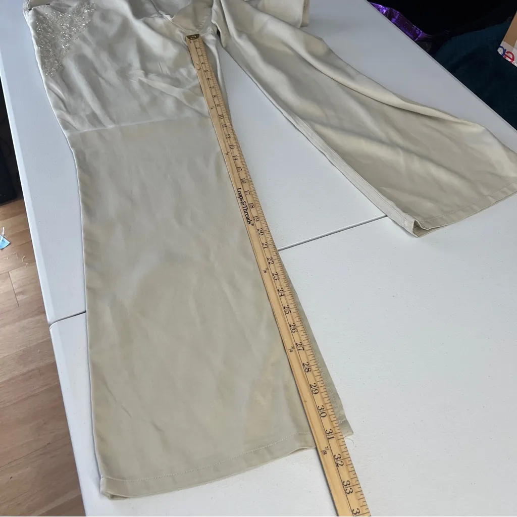 Anthony Sicari Silk Denim Lightweight Floral Sequin Beaded Bootcut Pants Size 14 Tan - Image 14