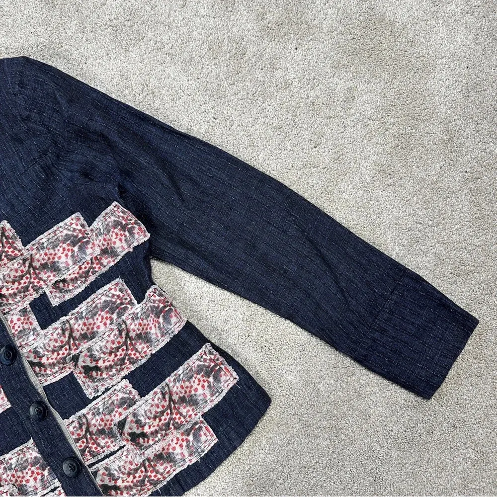 Aventures Des Toiles Linen Blend Denim Chambray Patchwork Jacket Button Front 40 Blue - Image 6