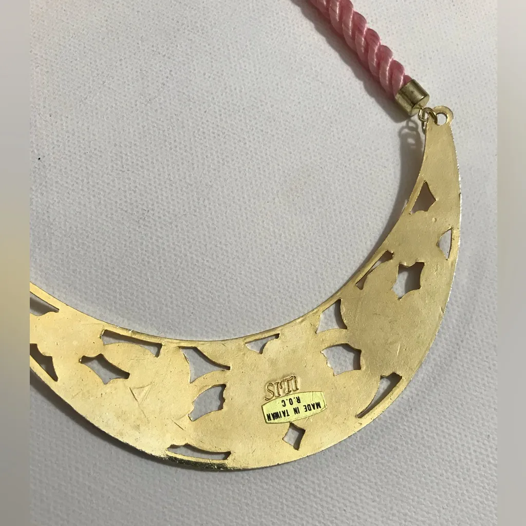 Vintage Cloisonne Pink Blue Floral Necklace Gold Tone On Pink Silk Rope 16 in - Image 4