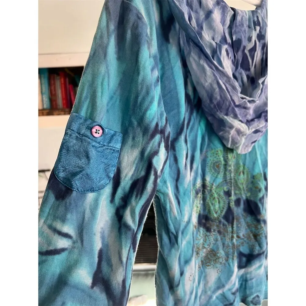 Forbidden Boho Women's Blue Tie Dye Pullover Hoodie (M) Beaded Casual Spring Size M - Image 3