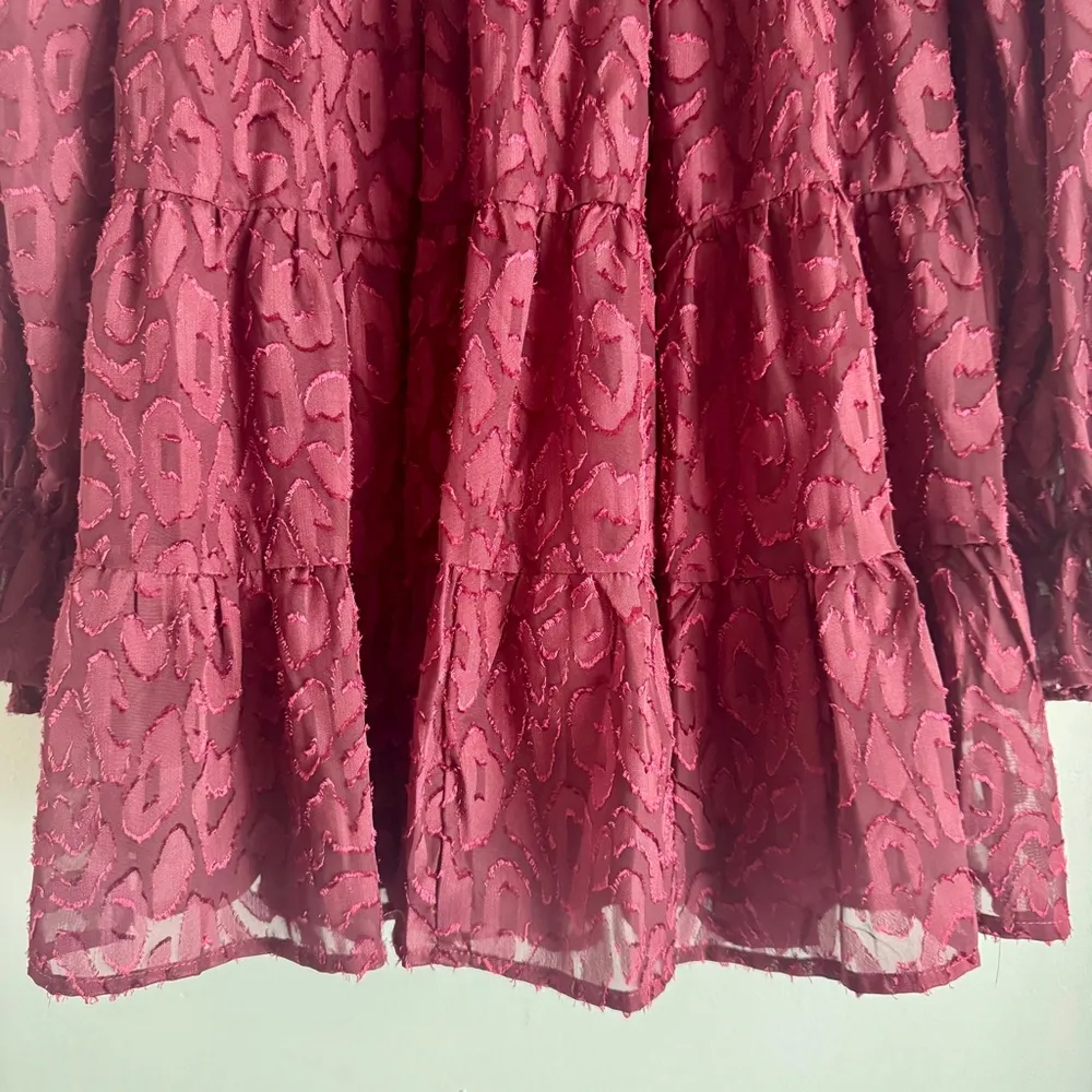 Vici Long Sleeve Smocked Burgundy Lepoard Babydoll Dress Size Medium - Image 7