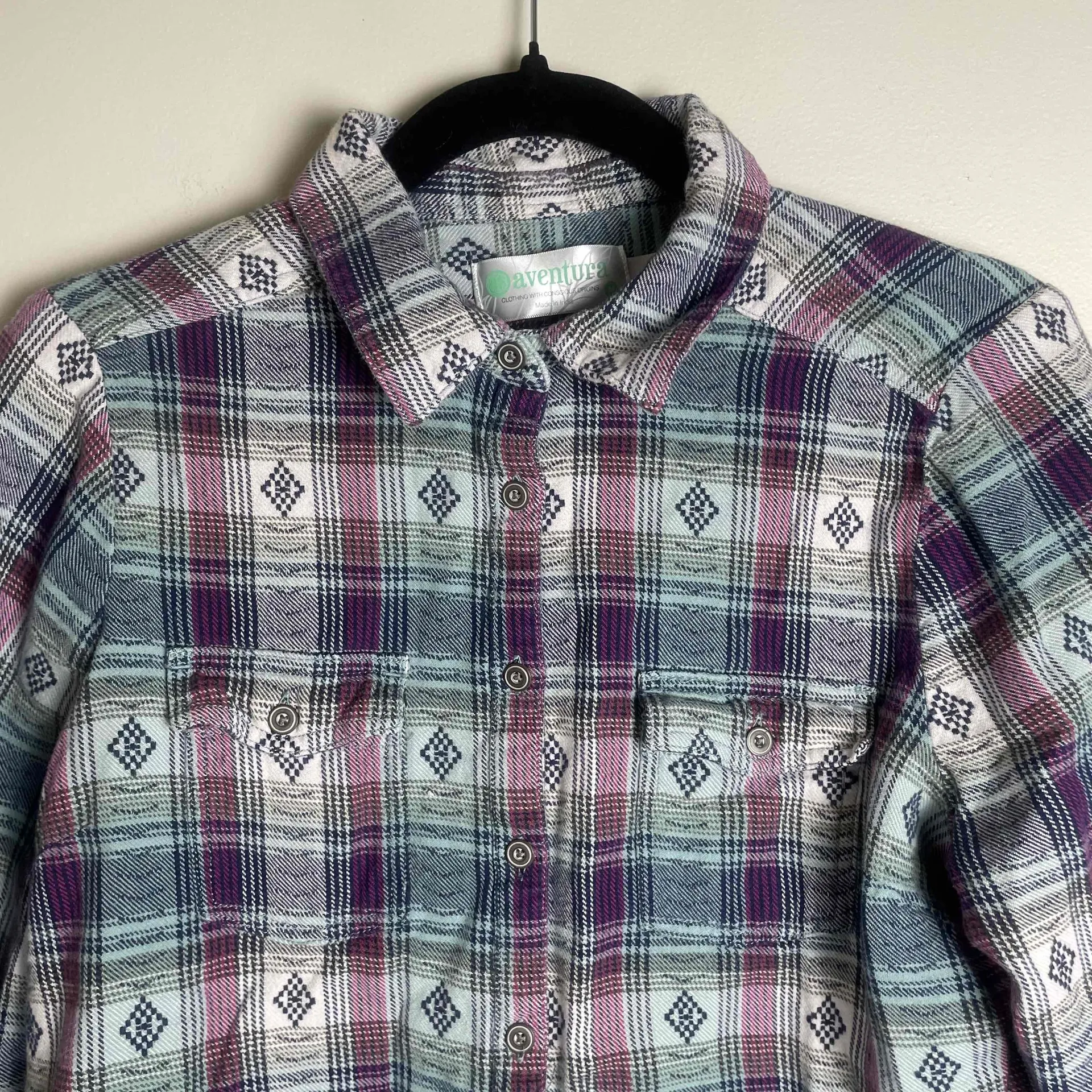 Aventura Women's Organic Cotton Southwestern Long Sleeve Button Down Size Medium Blue Size L - Image 4