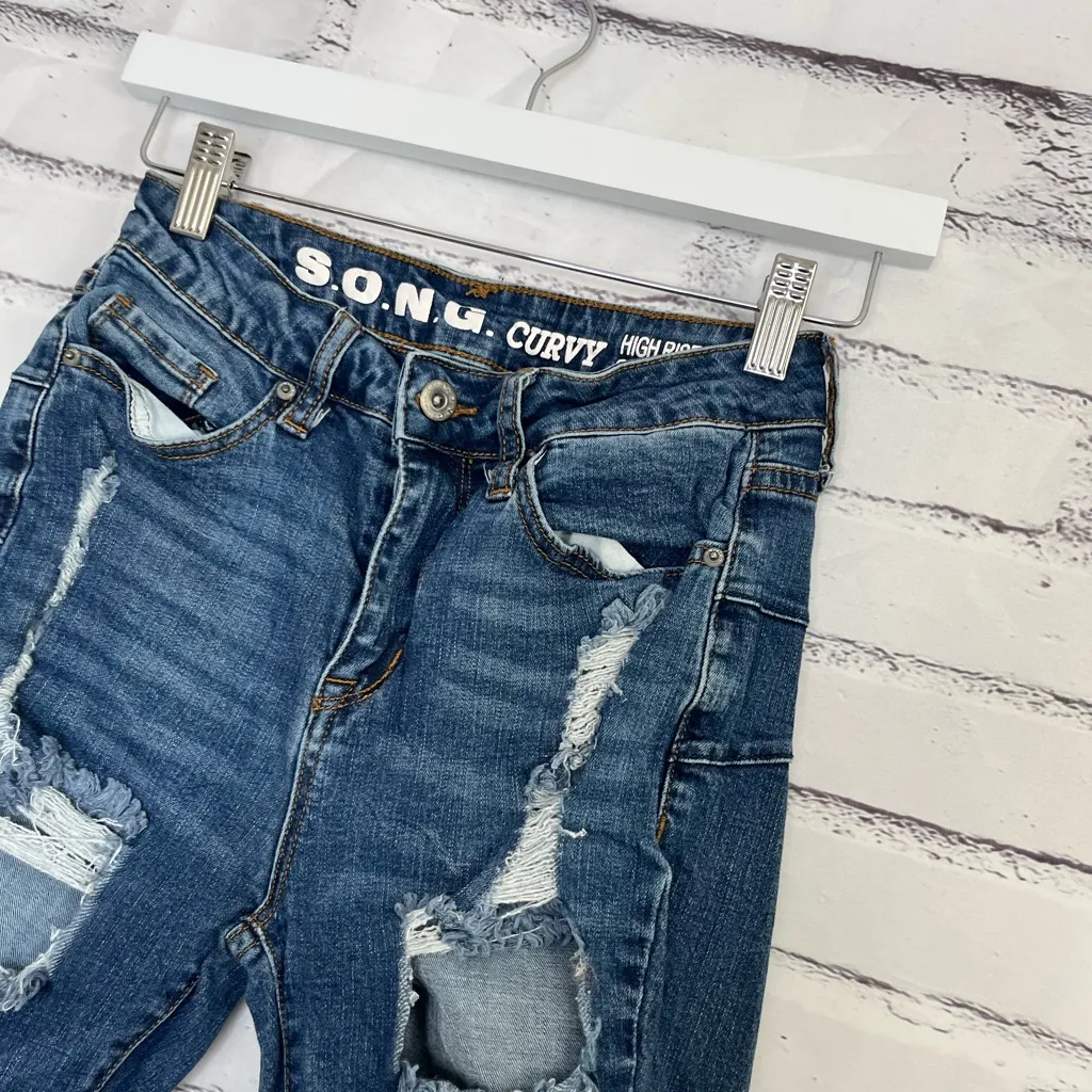 S.O.N.G Curvy High Rise Skinny Ankle Jeans Dark Wash Distressed Size 1/25 Y2K Blue - Image 7