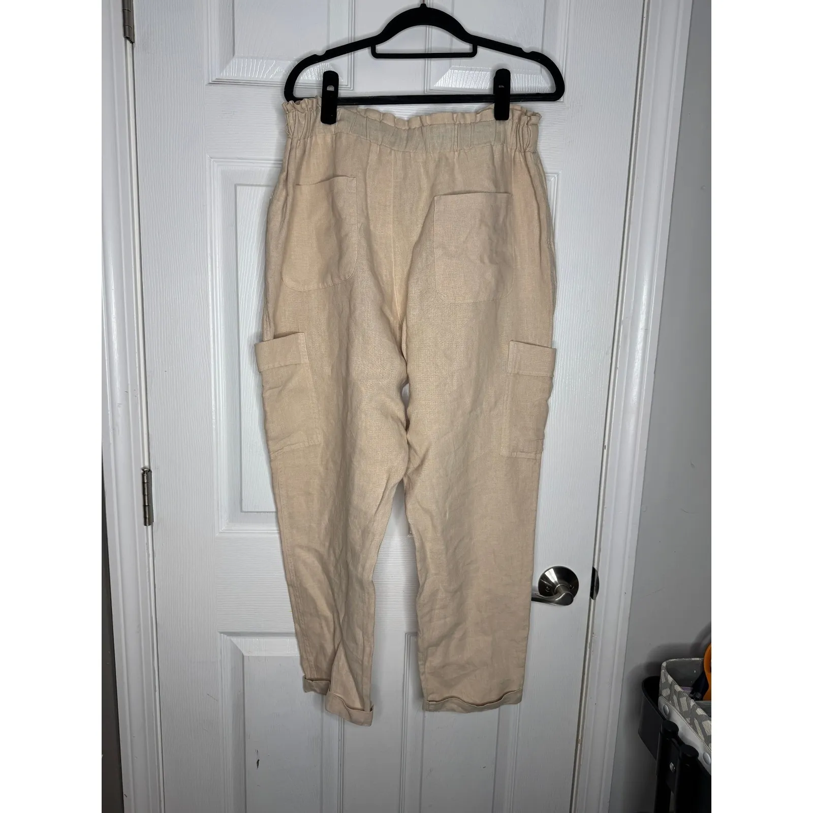 AMADI Anthropoligie 100% Linen Paperbag Wide Leg Cargo Pants Tan Size L Size L - Image 3
