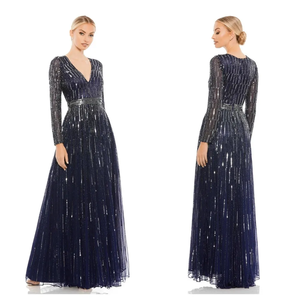 MAC DUGGAL SEQUINED V NECK ILLUSION SLEEVE A LINE GOWN Size 4 - Image 6