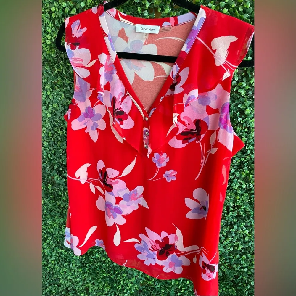 Calvin Klein - Red Floral Blouse | Medium - Flutter Sleeve - Image 3