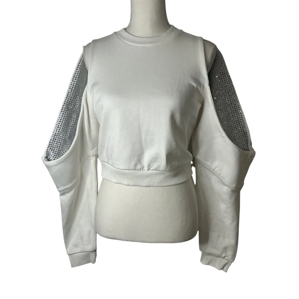 AREA Crystal Embellished Cold Shoulder Sweatshirt in Off White Medium New Womens - Image 6