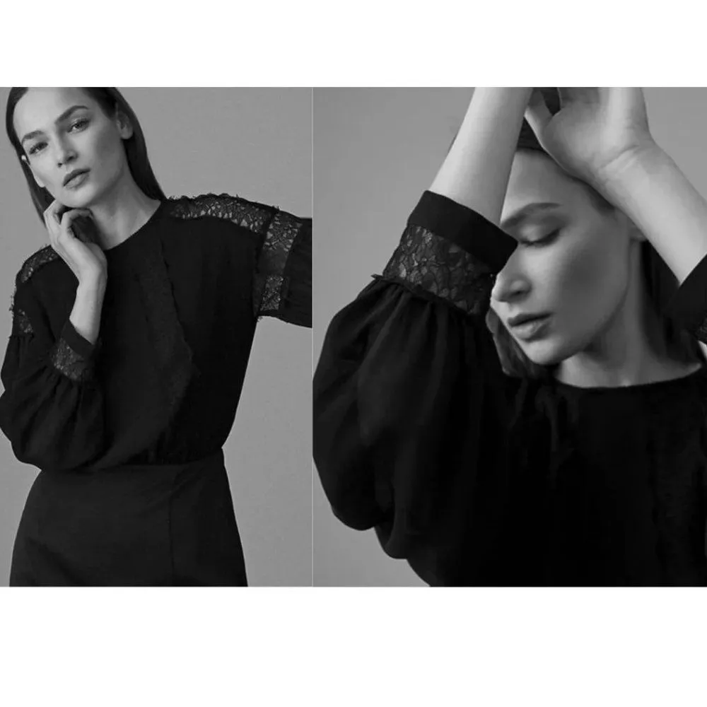 NEW REISS Lia Blouson Lace Inset Long Sleeve Balloon Sleeve Solid Black Size 8 - Image 15