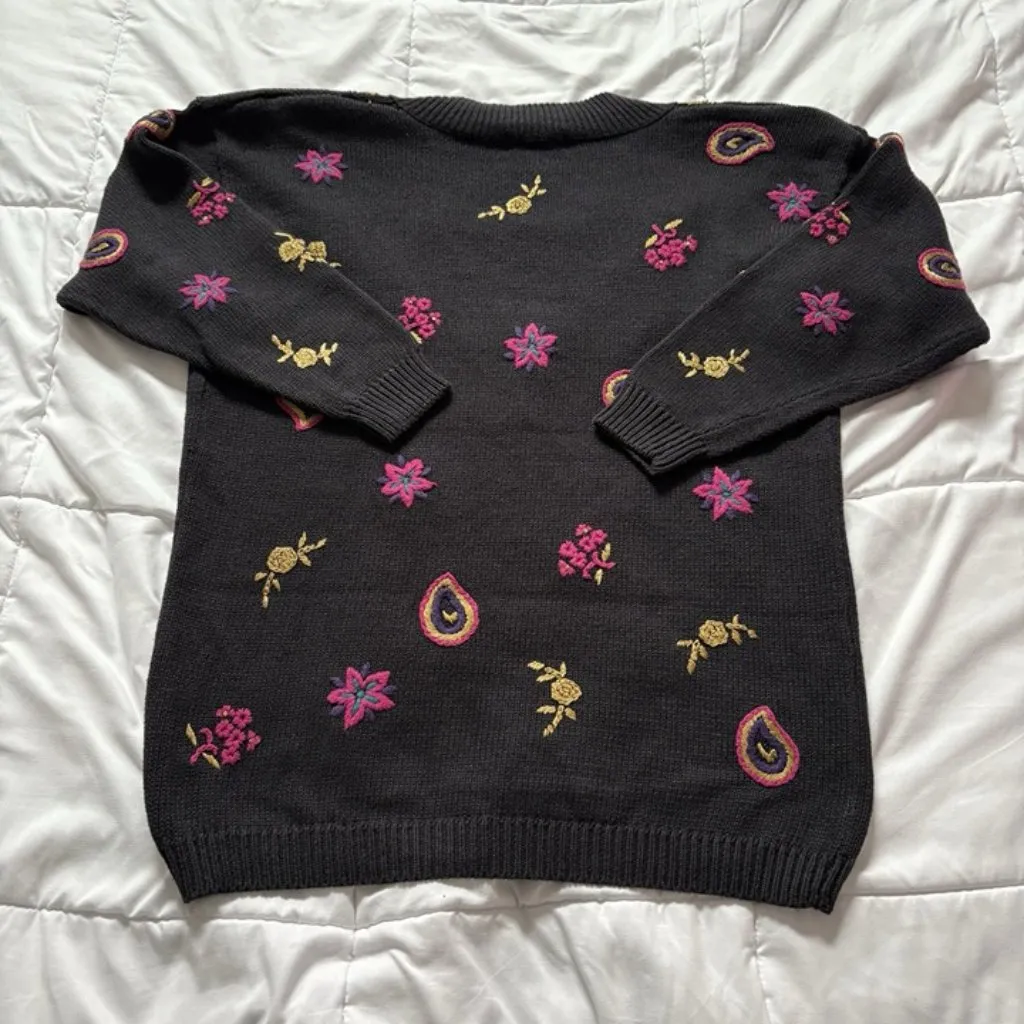 Vintage 80s 90s Womens Size Medium Black Floral Sweater Holiday Fall V Neck - Image 8