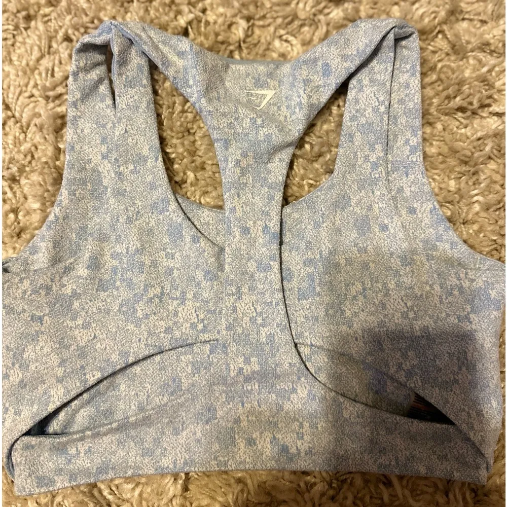 Gymshark Blue and white speckled Sports Bra  overlapping Racerback detail Small - Image 6