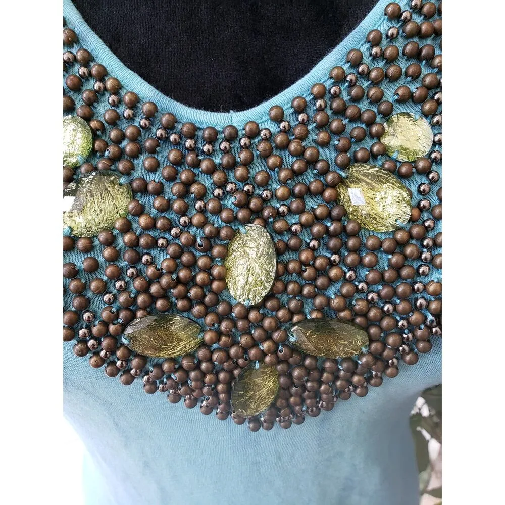 Reba Blouse Top Women's Small Blue Stretch Embellished Short Sleeve Deep V Neck - Image 9