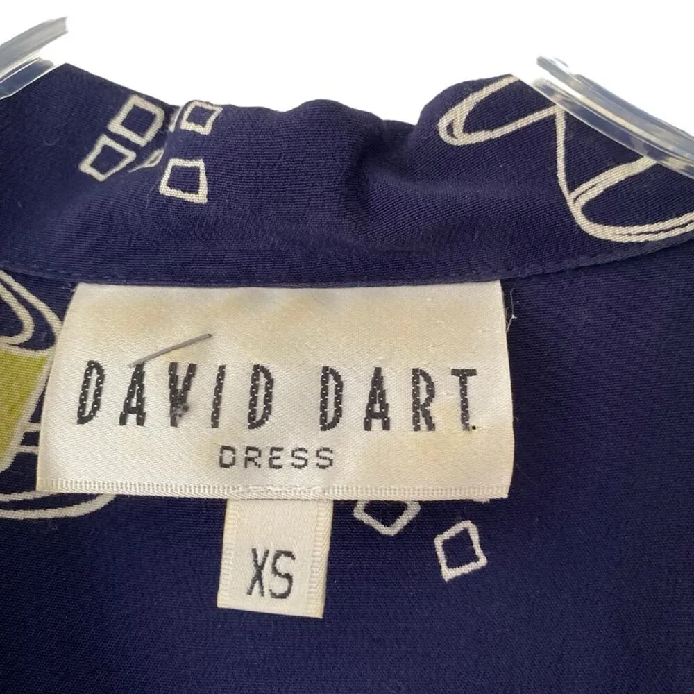 David Dart Vintage Teapot Teacup Coffee Navy Blue Midi Dress Down Size XS - Image 3