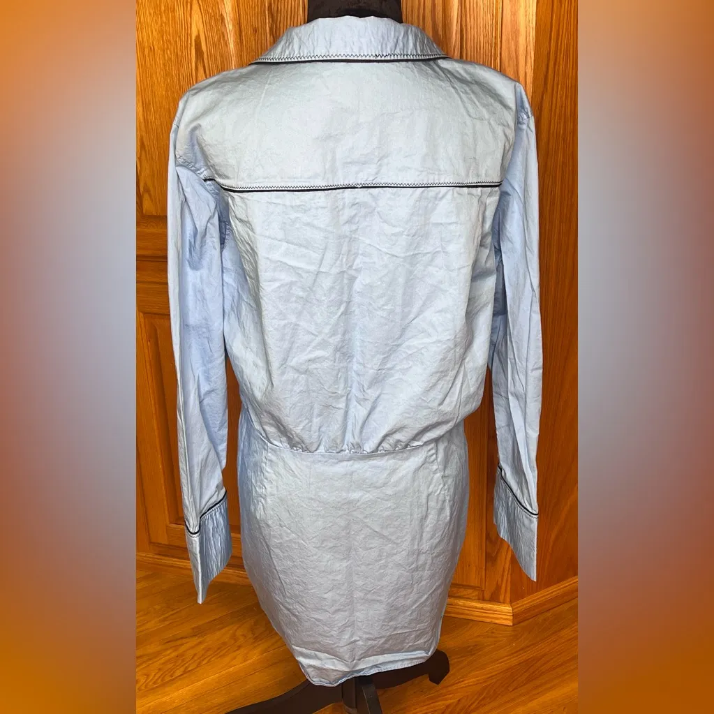 ZARA Short Trench Coat Deep V-Neck Cotton Button-Up Shirt Dress Blue‎ Size Large - Image 15