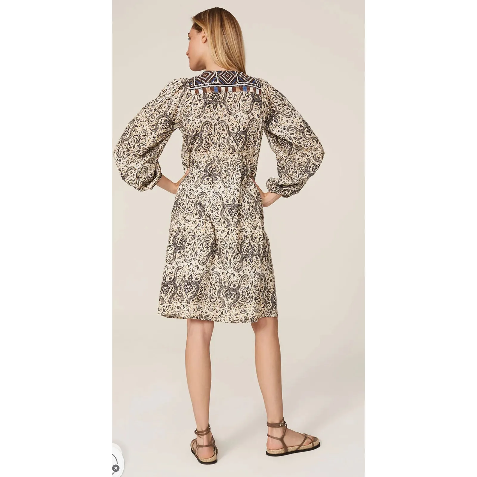 FIGUE Boho Baltic Embroidered Pom Pom Lucie Mini Puff Sleeves Dress Size XS Brown - Image 3