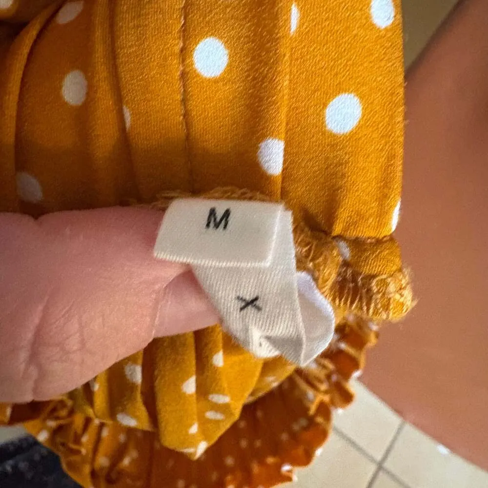 EXLURA Women's High Waist Mustard Yellow Polka Dot Pleated Midi Skirt w Pockets - Image 7