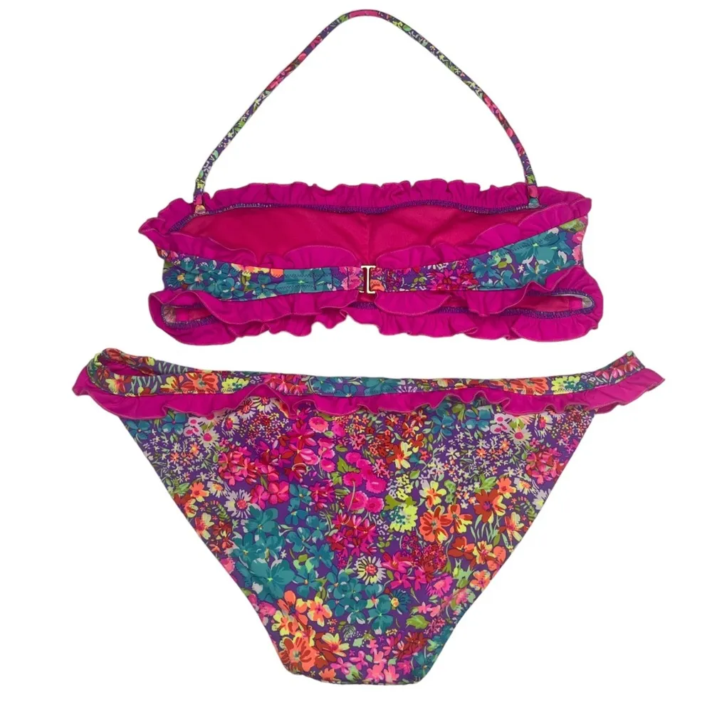 Victoria’s Secret Swim 𑁍 Floral Ruffle Bandeau 2 Piece Bikini Set 𑁍 Fuchsia M - Image 3