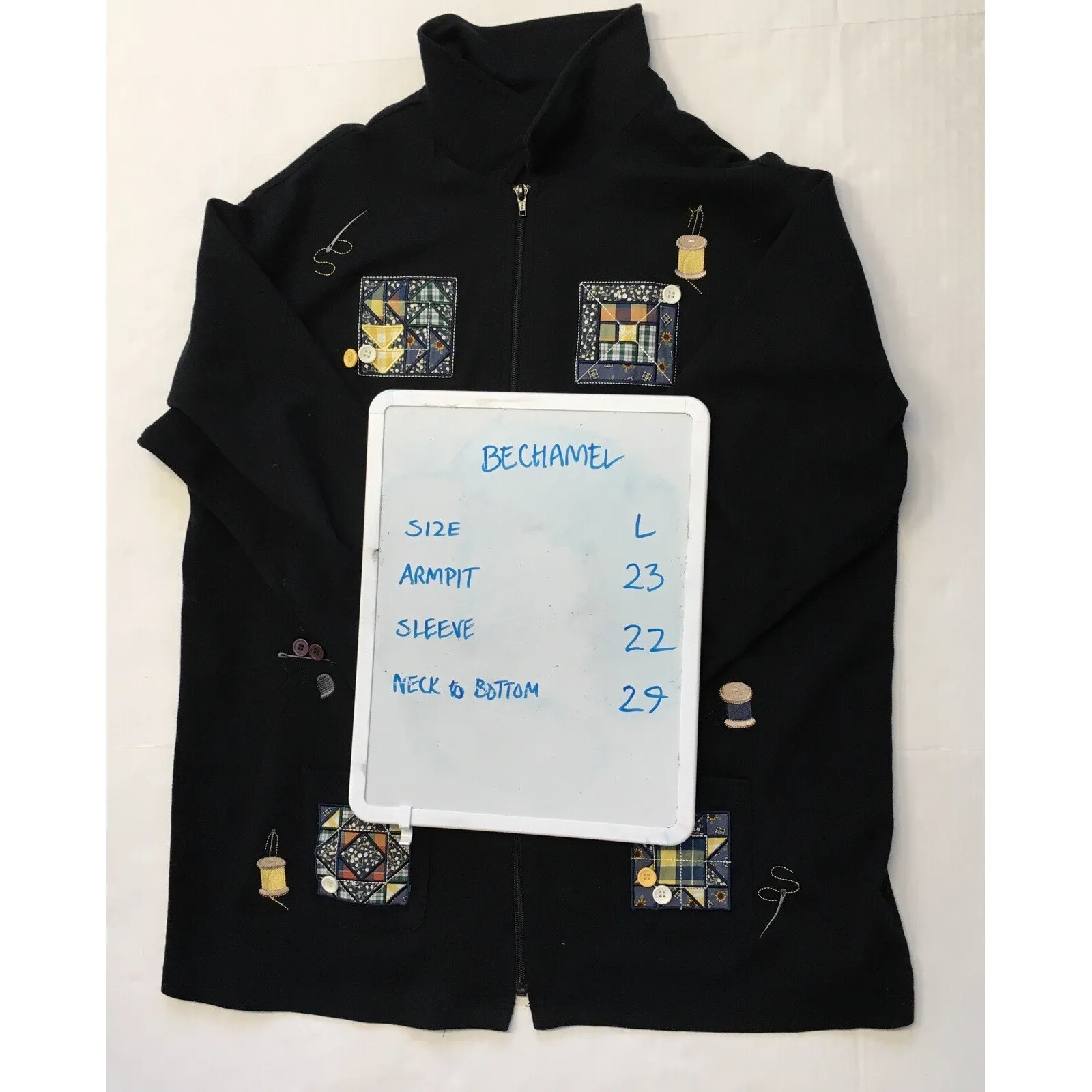 Bechamel women's vintage embroidered Sewing cardigan sweater full zip size‎ Lg Black - Image 7