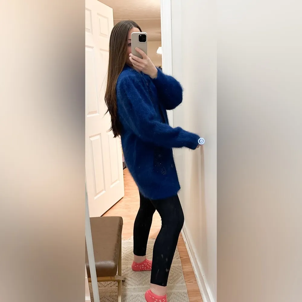 Vintage Lee Sands Angora Rabbit Beaded Floral Embroidered Fuzzy Cardigan Blue Size L - Image 4