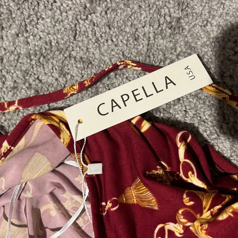 NWT capella New Burgundy Chain Print Criss Cross Back Dress small Red - Image 12