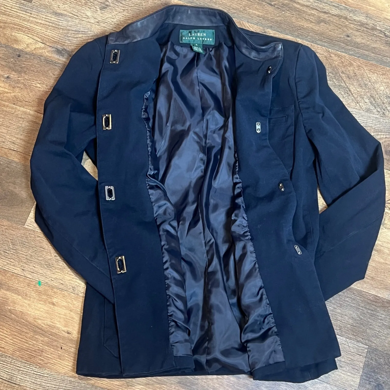 Vintage Lauren Ralph Lauren Navy Jacket w/ Leather Trim women's size 6 Blue - Image 6