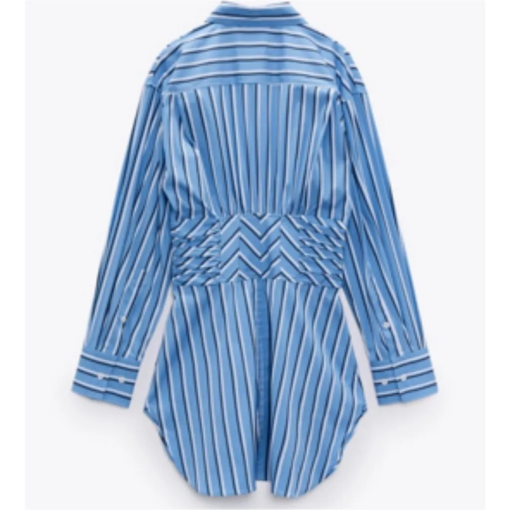 Zara Cotton Poplin Striped Hourglass Fitted Belted Shirt Dress Small - Image 5