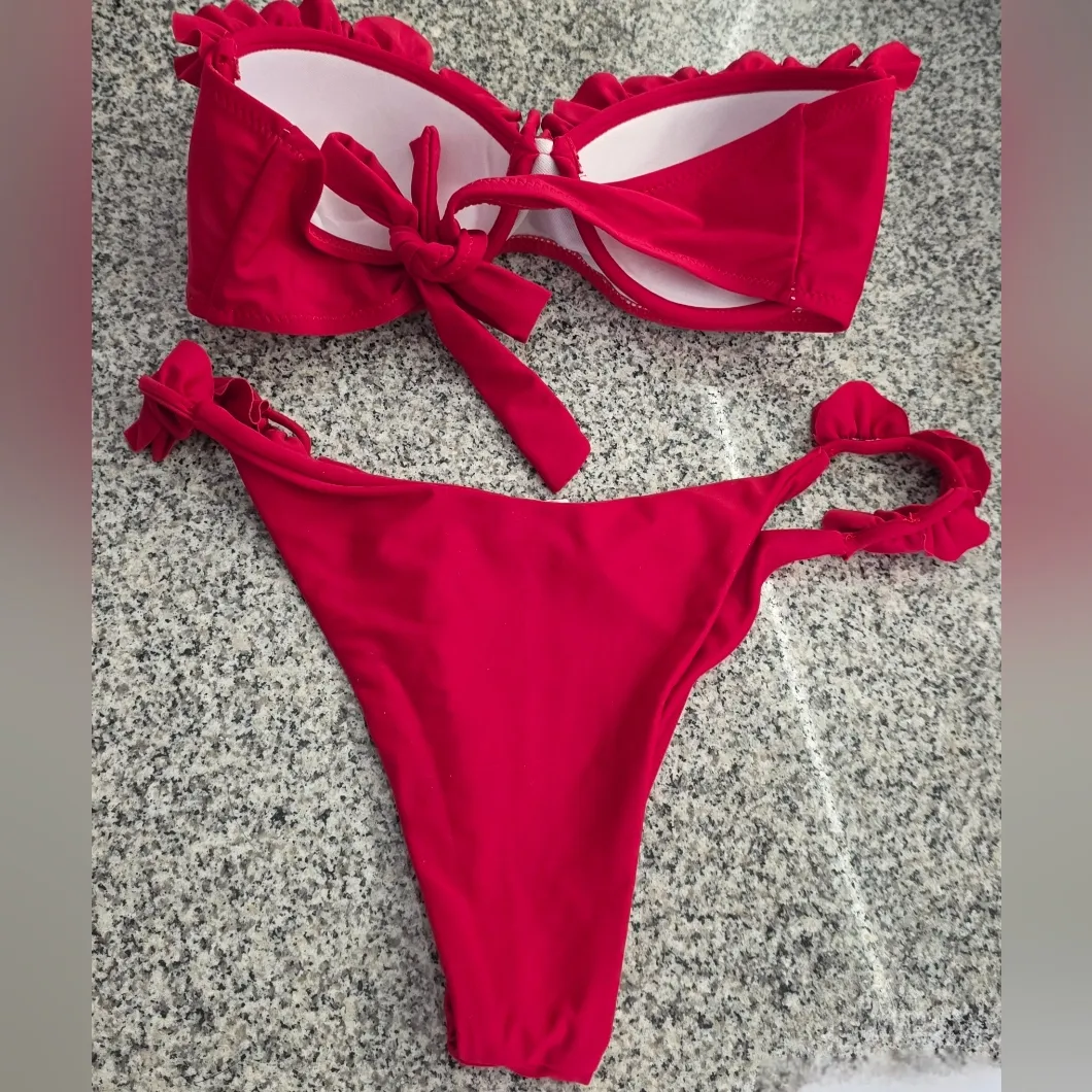 NWOT Red Bandeau Ruffle Bikini Rop & Bottom Set Size Medium - Image 2