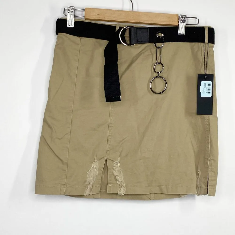 LF Carmar Taupe Khaki Black Cotton Blend Belted Mini Skirt Women's Size 12 NWT - Image 9
