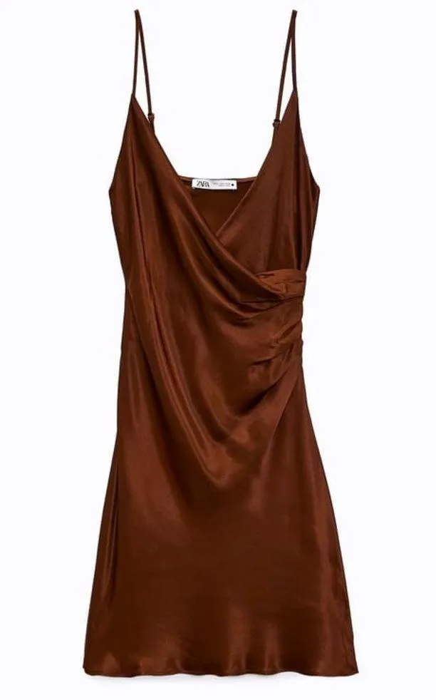 Zara SATIN MINI V-NECK DRESS WITH SIDE RUCHING BROWN SIZE XL NEW - Image 6