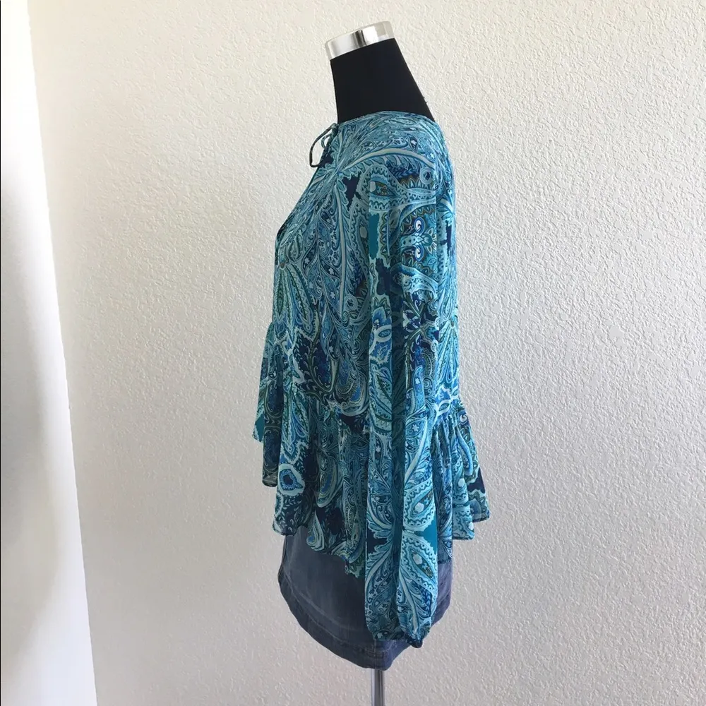Belle Sky Blue Green Paisley Ruffled Top Blouse NWT - Image 2