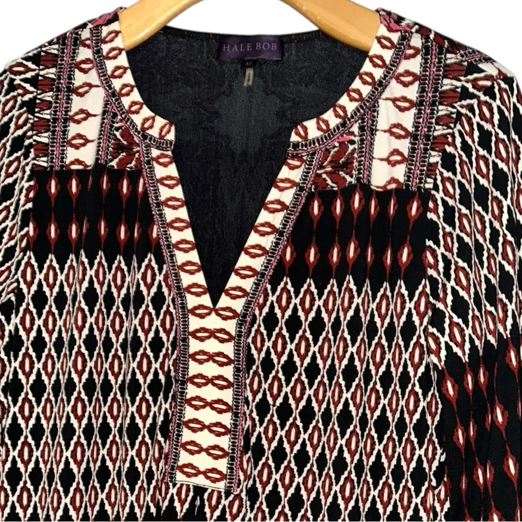 Hale Bob Vintage Womens Size M Black Burgundy Geo Printed Henley Neck Mini Dress - Image 4