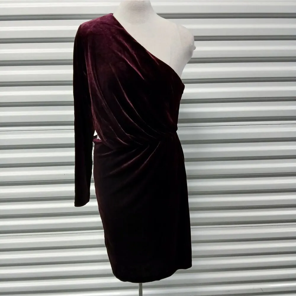 $395 NWT Halston Amara Dress Burgundy Velvet One Shoulder Cocktail Party Wedding Size 12 - Image 5